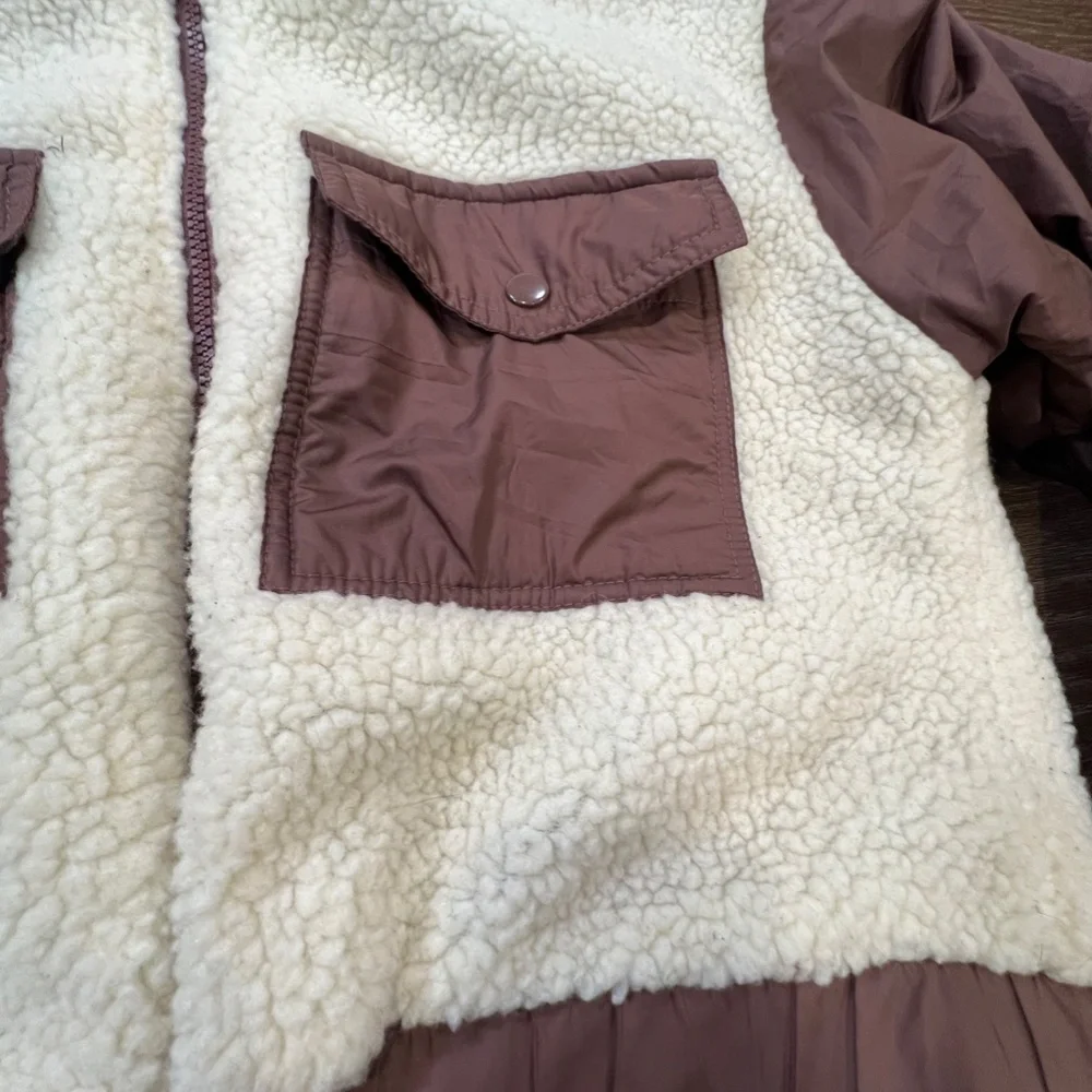 Story On Women's Color Block Faux Shearling Cropped Bomber Jacket Sz S Mauve - Picture 2 of 10